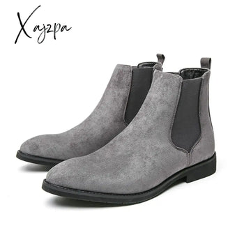 Xajzpa - New Gray Chelsea Boots for Men  Flock Business Men Ankle Boots Cowboy Boots Handmade Men Boots Size 38-46 Free Shipping